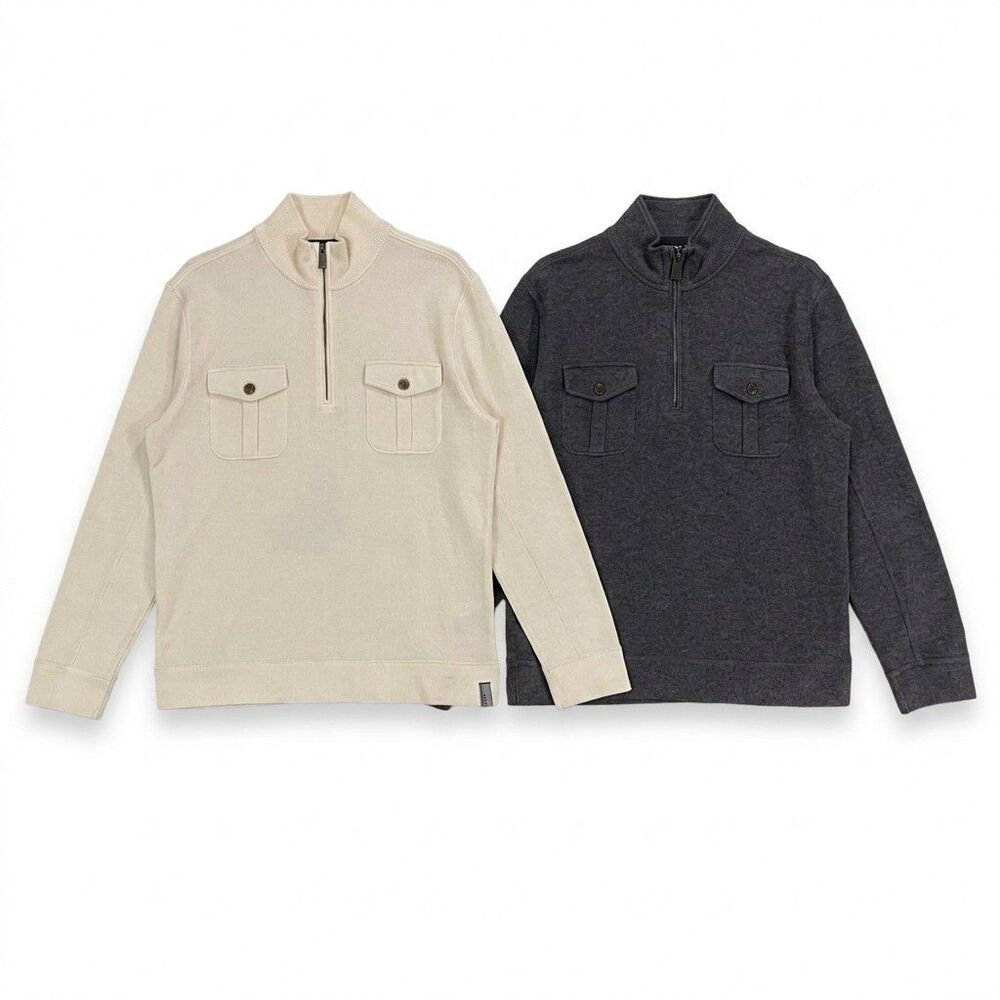 Lot of 2 DKNY Jeans Mens 1/4 Zip Pullover Sweaters XL Cream Charcoal Pockets EUC